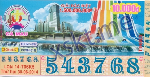Mẫu vé sô xổ số Cà Mau ngày 30/6/2014