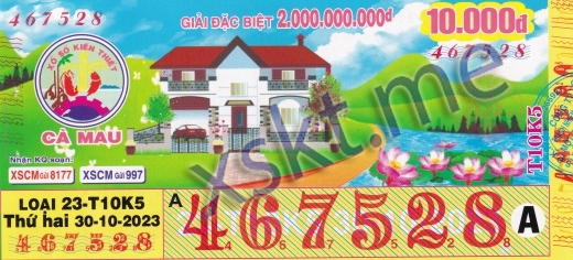 Mẫu vé sô xổ số Cà Mau ngày 30/10/2023