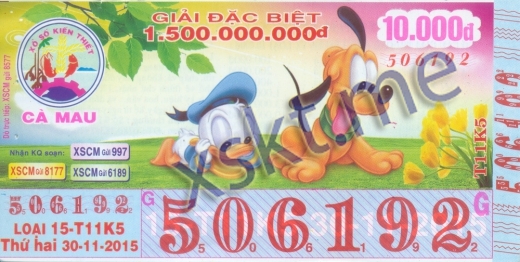 Mẫu vé sô xổ số Cà Mau ngày 30/11/2015
