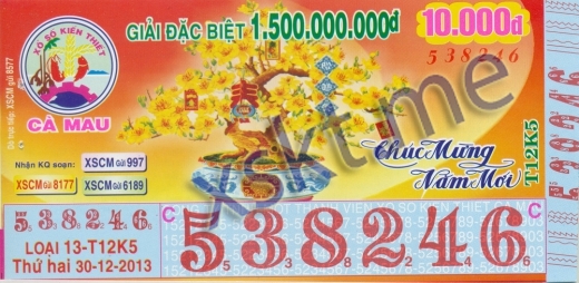 Mẫu vé sô xổ số Cà Mau ngày 30/12/2013