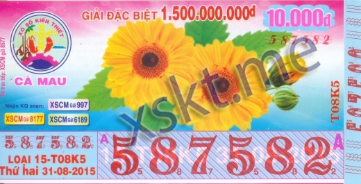 Mẫu vé sô xổ số Cà Mau ngày 31/8/2015