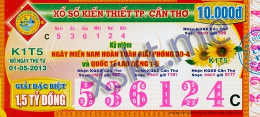 Mẫu vé sô xổ số Cần Thơ ngày 1/5/2013
