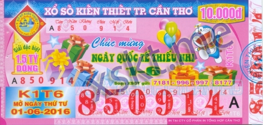 Mẫu vé sô xổ số Cần Thơ ngày 1/6/2016