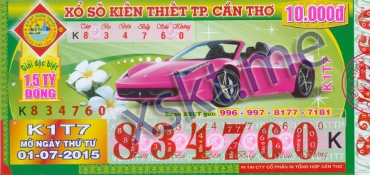 Mẫu vé sô xổ số Cần Thơ ngày 1/7/2015