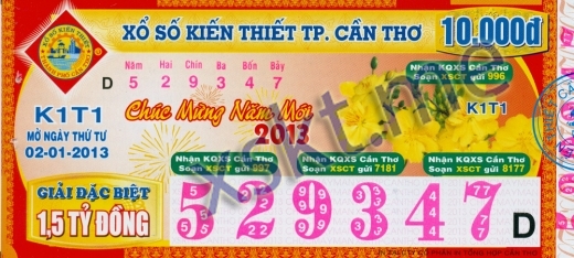 Mẫu vé sô xổ số Cần Thơ ngày 2/1/2013