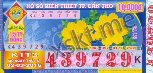 Mẫu vé sô xổ số Cần Thơ ngày 2/3/2016