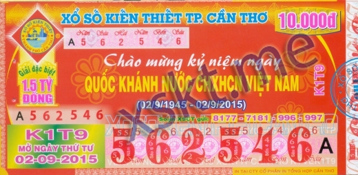 Mẫu vé sô xổ số Cần Thơ ngày 2/9/2015