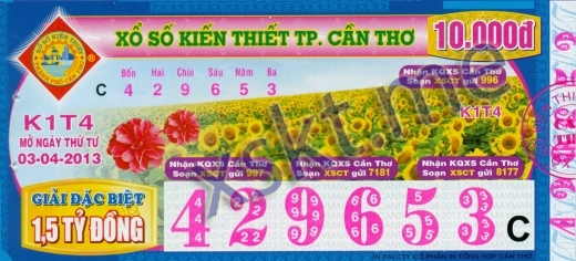 Mẫu vé sô xổ số Cần Thơ ngày 3/4/2013