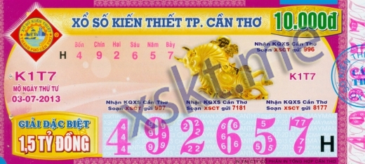 Mẫu vé sô xổ số Cần Thơ ngày 3/7/2013