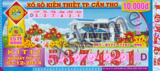 Mẫu vé sô xổ số Cần Thơ ngày 3/12/2014