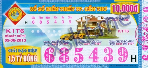 Mẫu vé sô xổ số Cần Thơ ngày 5/6/2013