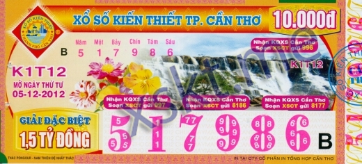 Mẫu vé sô xổ số Cần Thơ ngày 5/12/2012