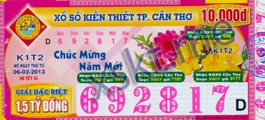 Mẫu vé sô xổ số Cần Thơ ngày 6/2/2013