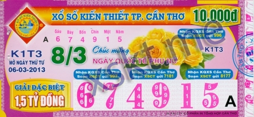 Mẫu vé sô xổ số Cần Thơ ngày 6/3/2013