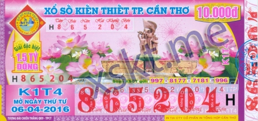 Mẫu vé sô xổ số Cần Thơ ngày 6/4/2016