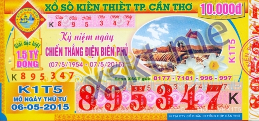 Mẫu vé sô xổ số Cần Thơ ngày 6/5/2015