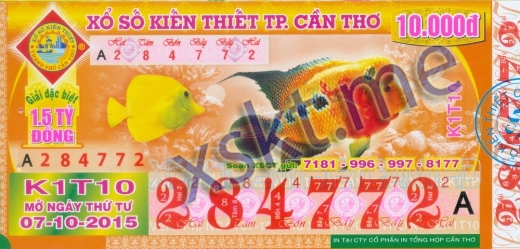 Mẫu vé sô xổ số Cần Thơ ngày 7/10/2015