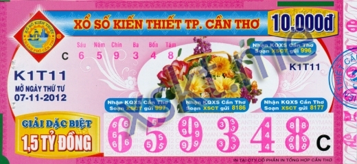 Mẫu vé sô xổ số Cần Thơ ngày 7/11/2012