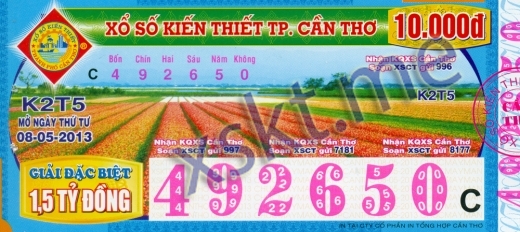 Mẫu vé sô xổ số Cần Thơ ngày 8/5/2013