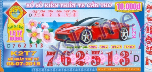 Mẫu vé sô xổ số Cần Thơ ngày 8/7/2015