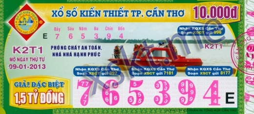 Mẫu vé sô xổ số Cần Thơ ngày 9/1/2013