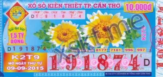 Mẫu vé sô xổ số Cần Thơ ngày 9/9/2015