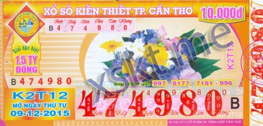 Mẫu vé sô xổ số Cần Thơ ngày 9/12/2015