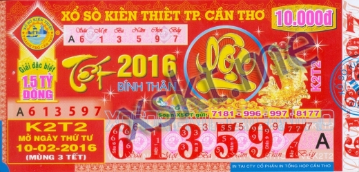 Mẫu vé sô xổ số Cần Thơ ngày 10/2/2016