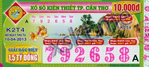 Mẫu vé sô xổ số Cần Thơ ngày 10/4/2013