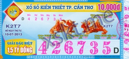 Mẫu vé sô xổ số Cần Thơ ngày 10/7/2013