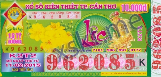 Mẫu vé sô xổ số Cần Thơ ngày 11/2/2015
