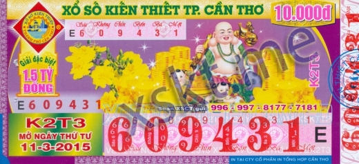 Mẫu vé sô xổ số Cần Thơ ngày 11/3/2015