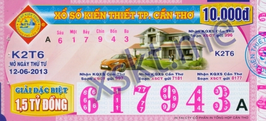 Mẫu vé sô xổ số Cần Thơ ngày 12/6/2013