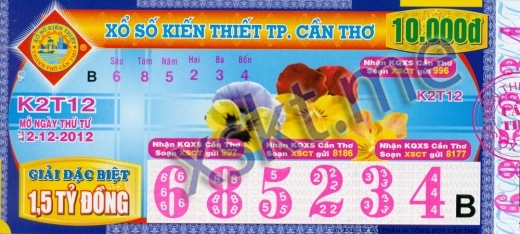 Mẫu vé sô xổ số Cần Thơ ngày 12/12/2012