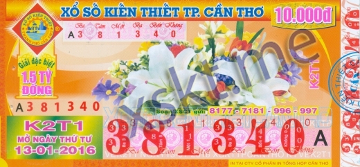 Mẫu vé sô xổ số Cần Thơ ngày 13/1/2016