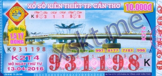 Mẫu vé sô xổ số Cần Thơ ngày 13/4/2016