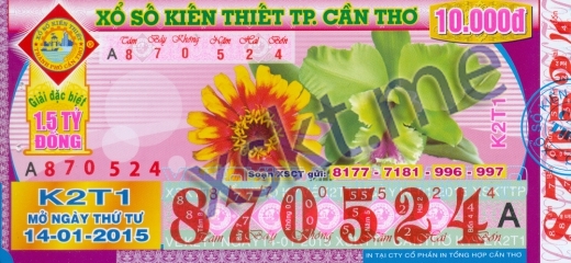 Mẫu vé sô xổ số Cần Thơ ngày 14/1/2015