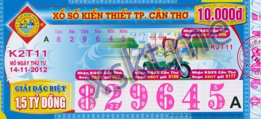 Mẫu vé sô xổ số Cần Thơ ngày 14/11/2012