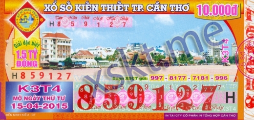 Mẫu vé sô xổ số Cần Thơ ngày 15/4/2015