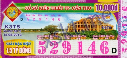 Mẫu vé sô xổ số Cần Thơ ngày 15/5/2013
