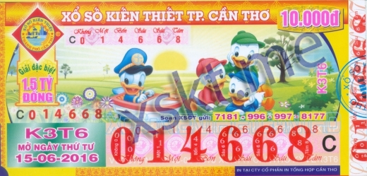 Mẫu vé sô xổ số Cần Thơ ngày 15/6/2016