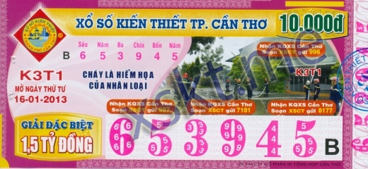 Mẫu vé sô xổ số Cần Thơ ngày 16/1/2013