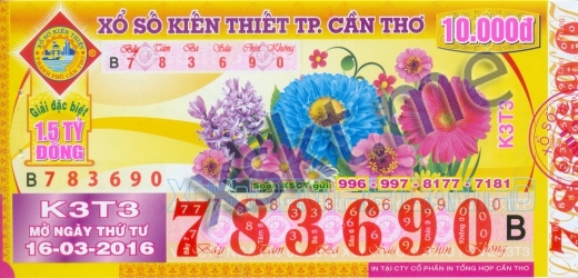 Mẫu vé sô xổ số Cần Thơ ngày 16/3/2016