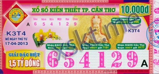 Mẫu vé sô xổ số Cần Thơ ngày 17/4/2013