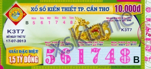 Mẫu vé sô xổ số Cần Thơ ngày 17/7/2013