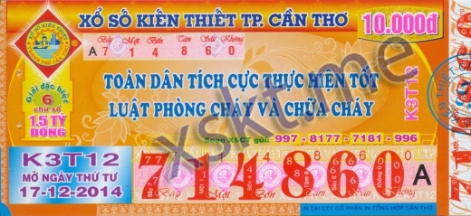 Mẫu vé sô xổ số Cần Thơ ngày 17/12/2014