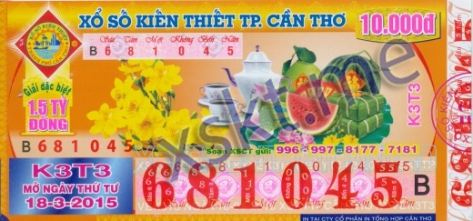 Mẫu vé sô xổ số Cần Thơ ngày 18/3/2015