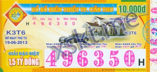 Mẫu vé sô xổ số Cần Thơ ngày 19/6/2013