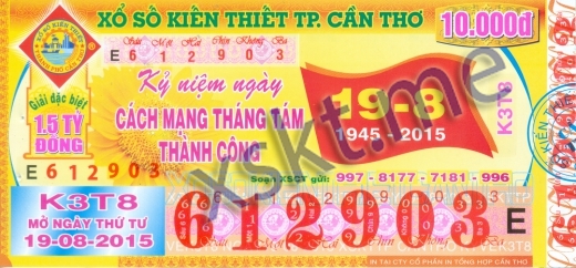 Mẫu vé sô xổ số Cần Thơ ngày 19/8/2015