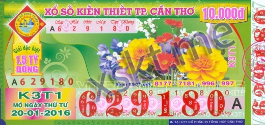 Mẫu vé sô xổ số Cần Thơ ngày 20/1/2016